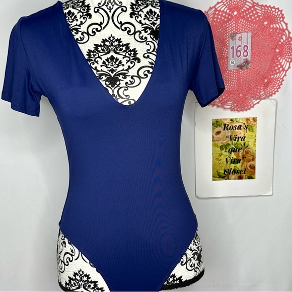 NWT House of Harlow 1960 Deep V-Neck Thong Bodysuit Size Large, Navy - Picture 2 of 15